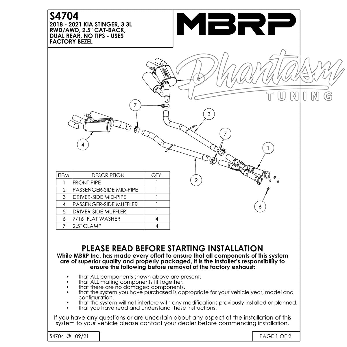 MBRP / ALUMINIZED STEEL / DUAL CAT-BACK EXHAUST SYSTEM / QUAD FACTORY TIPS (S4704AL) *** KIA STINGER GT (2018-2021) 3.3L TWIN TURBO