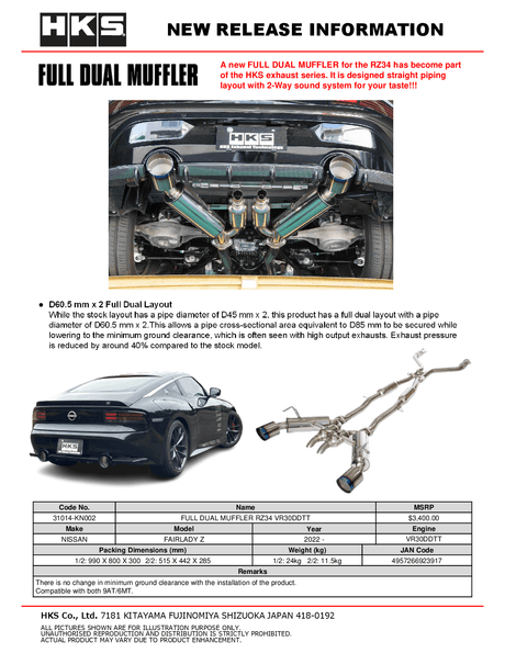 HKS / HI-POWER FULL DUAL MUFFER / CAT-BACK EXHAUST SYSTEM / BURNT TITANIUM TIPS (31014-KN002) *** NISSAN Z (2023-2026) RZ34 / 3.0L TWIN TURBO