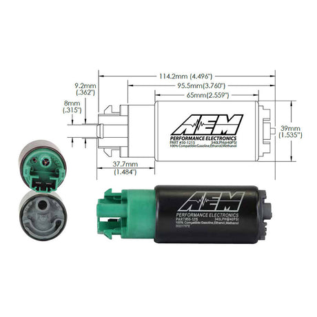 AEM / 340 LPH / GAS + E85 COMPATIBLE / IN-TANK UNIVERSAL HIGH FLOW FUEL PUMP WITH HOOKS (50-1215)