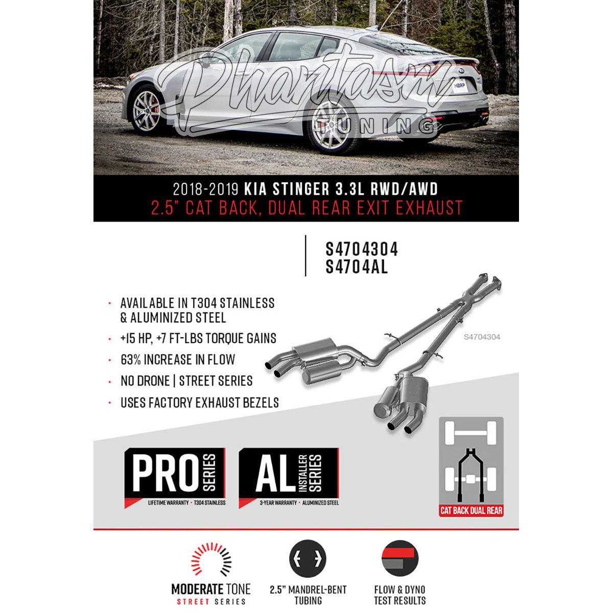 MBRP / ALUMINIZED STEEL / DUAL CAT-BACK EXHAUST SYSTEM / QUAD FACTORY TIPS (S4704AL) *** KIA STINGER GT (2018-2021) 3.3L TWIN TURBO