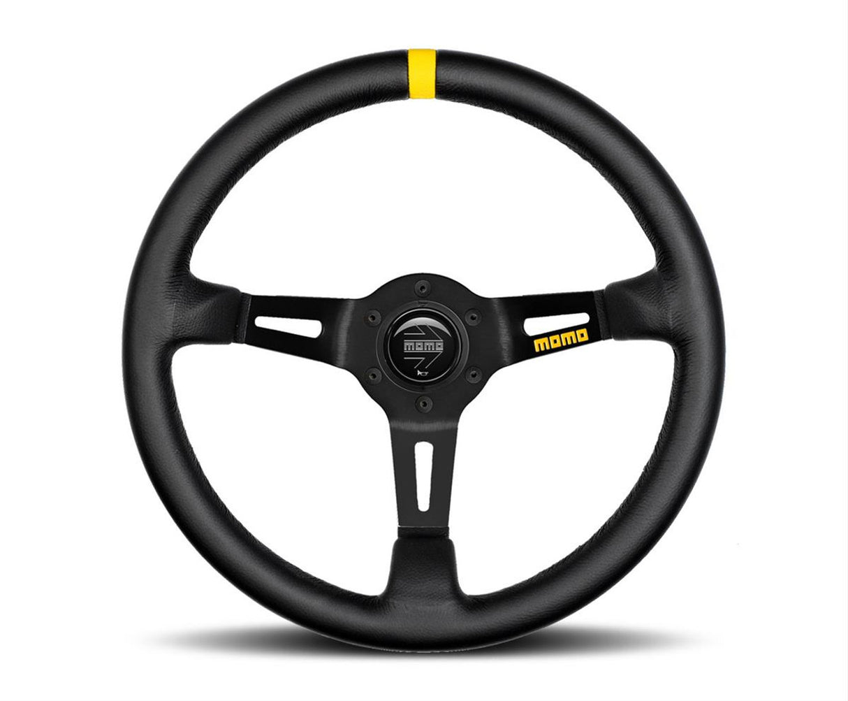 MOMO / MOD 08 / 350 MM STEERING WHEEL / BLACK LEATHER / BLACK SPOKE / YELLOW STRIPE (R1908-35L)